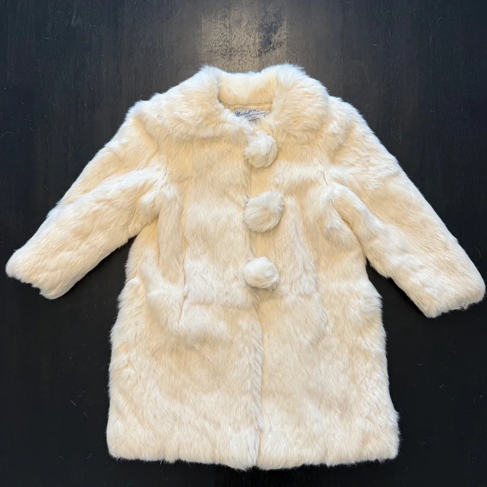 Vintage Faux rabbit Coat Girls Pom Pom Buttons Winter Outerwear‎ Cozy Chic Party - Picture 4 of 16